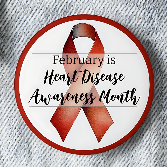 Månad för medvetandegörande om hjärtsjukdomar i fe knapp (February is Heart Disease Awareness Month pinback button.  Red awareness ribbon.)