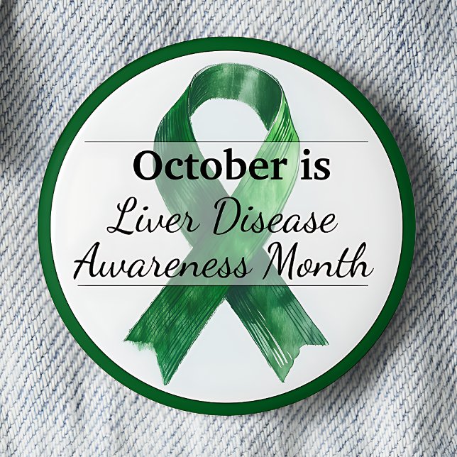 Månad för medvetenhet om leversjukdom i oktober knapp (October is Liver Disease Awareness Month pinback button. Green awareness ribbon.)