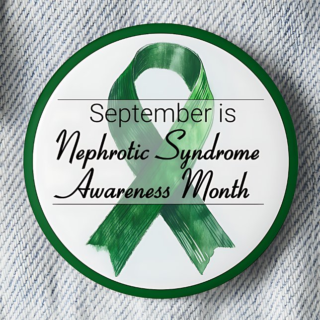 Månad för medvetenhet om nefrotiskt syndrom i sept knapp (September is Nephrotic Syndrome Awareness Month pinback button.  Green awareness ribbon.)
