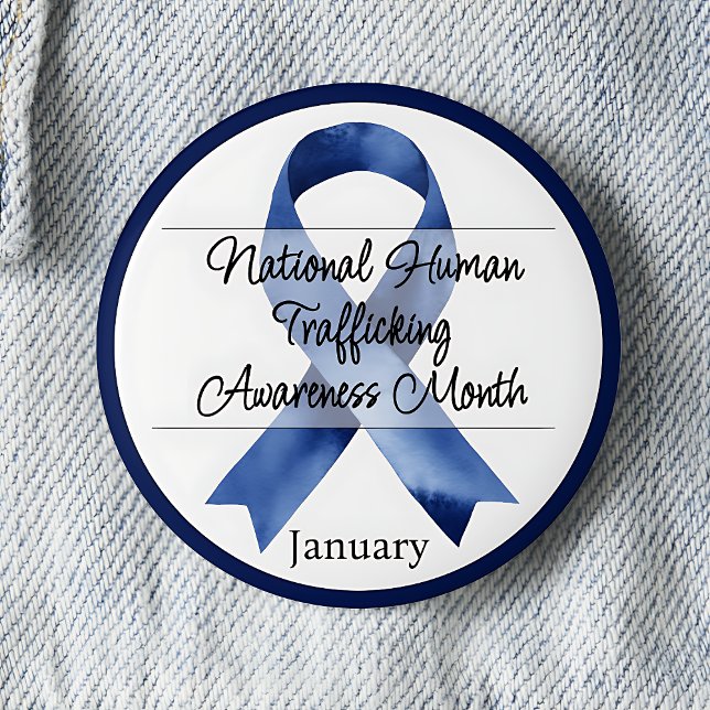 Månad för nationell medvetenhet om människohandel knapp (National Human Trafficking Awareness Month.  January. Blue awareness ribbon.)