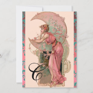 MÅNADAM, BLOMMOR, ROSOR, ROSA BLÅ DAMAST MONOGRAM INBJUDNINGAR