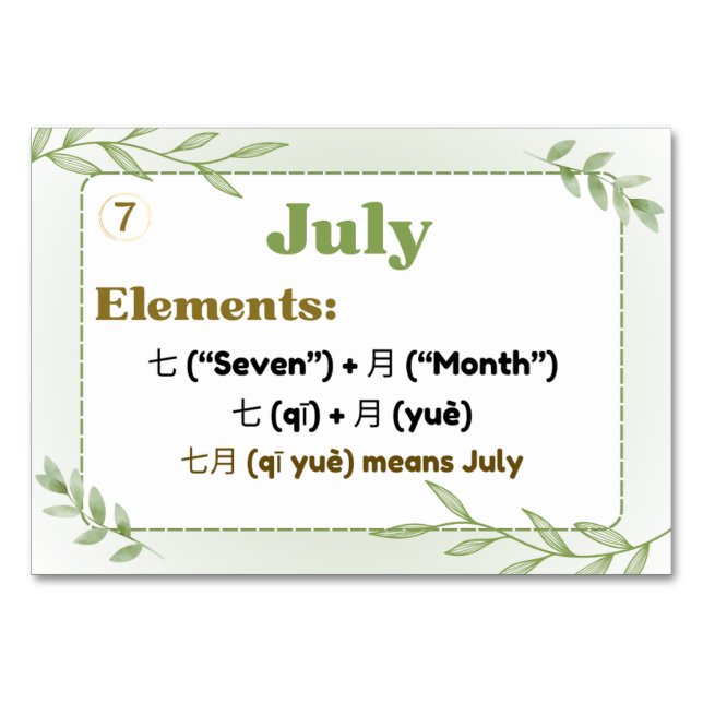 Månader i kinesiska (Flash-kort) Bordsnummer (Framsidan)