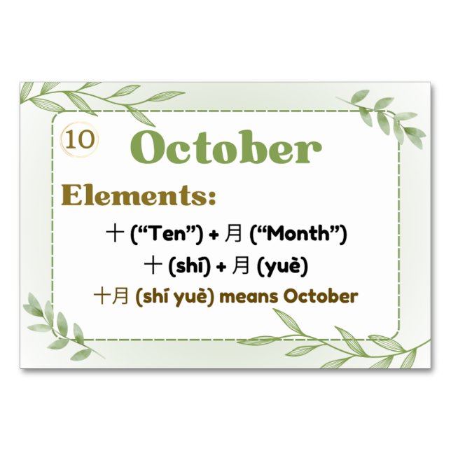 Månader i kinesiska (Flash-kort) Bordsnummer (Framsidan)