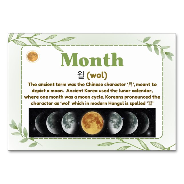 Månader i koreanska Hangul (Flash-kort) Bordsnummer (Framsidan)