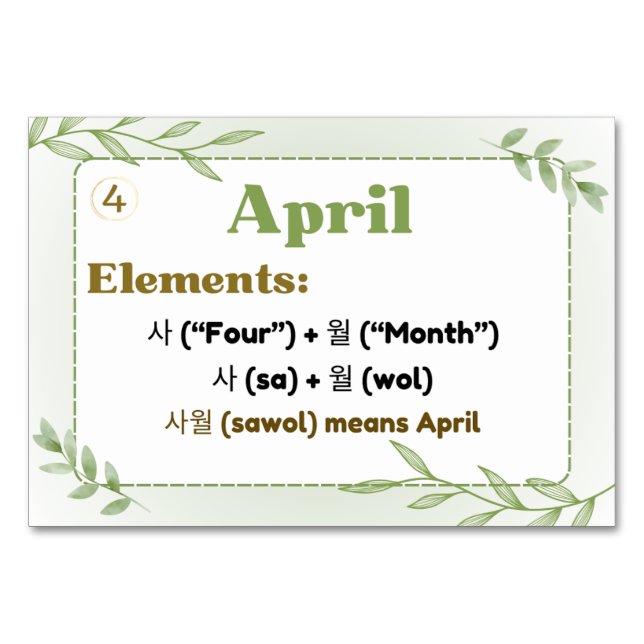 Månader i koreanska Hangul (Flash-kort) Bordsnummer (Framsidan)