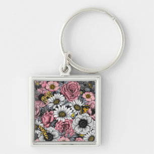 Månader på blomblandning i rosa och grått fyrkantig silverfärgad nyckelring