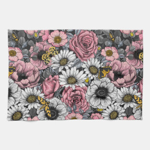 Månader på blomblandning i rosa och grått kökshandduk
