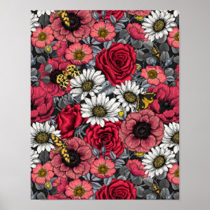 Månader på blomblandning i rött och grått poster
