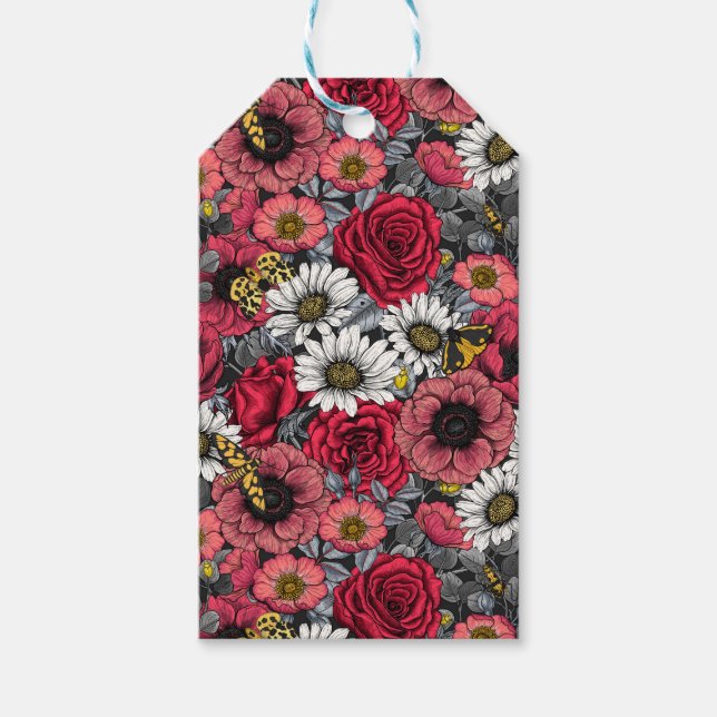 Månader på blomblandning i rött och grått presentetikett (Framsidan)