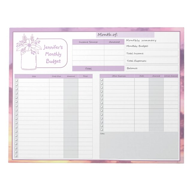Månadsbudget och Lila för Bill Tracker Anteckningsblock (Framsida)