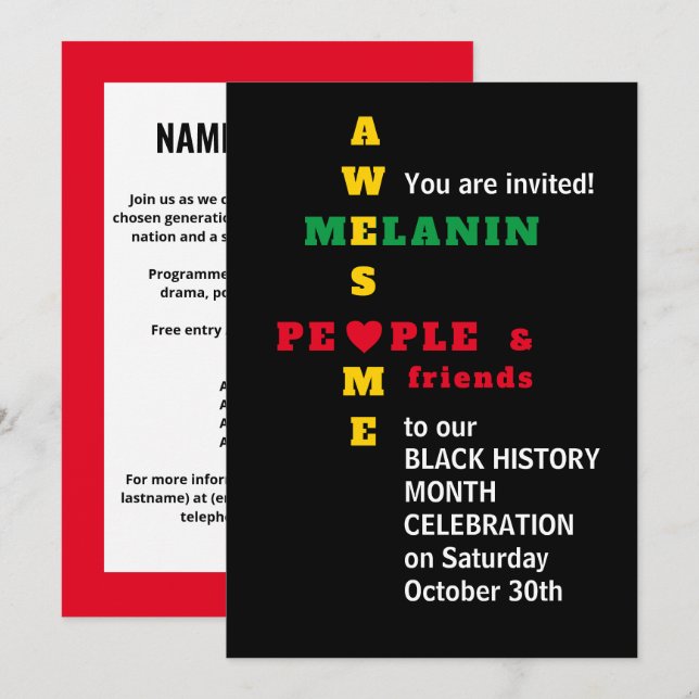 Månadsinbjudan till Fantastisk Melanin Black Histo Inbjudningar (Fram/baksida)