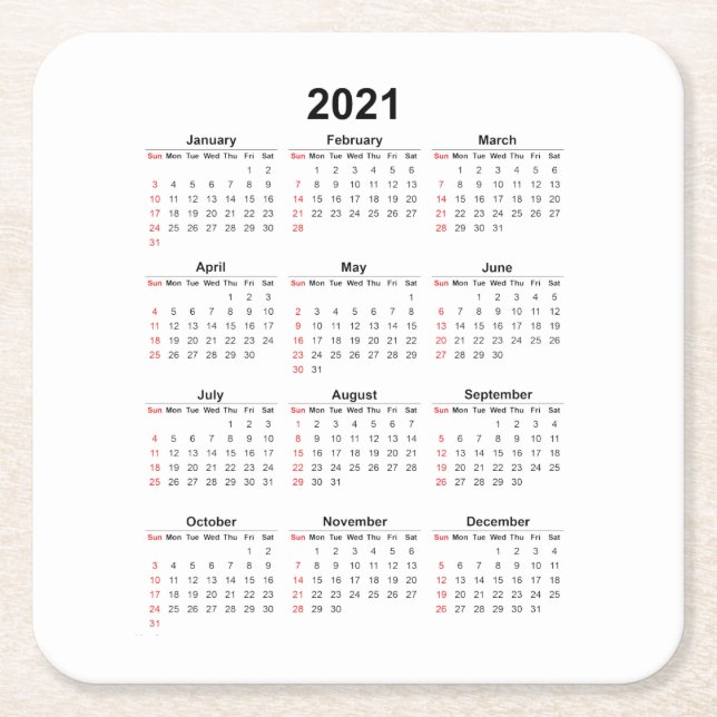 Månadskalender för 2021 underlägg papper kvadrat (Framsidan)