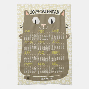 Månadskalender för 2025 Mid-Century Brown Cat Kökshandduk