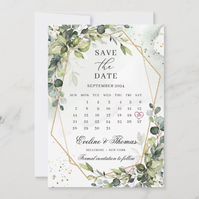 Månadskalender för boho greenery foliage guld ram spara datumet (Framsida)