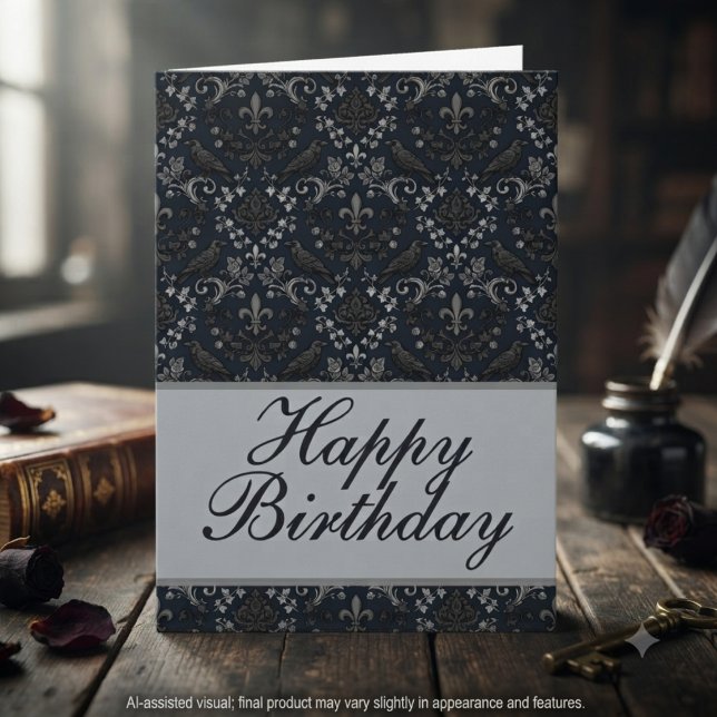 Månaktig viktoriansk ravn damast anteckningskort (Moody Victorian raven damask birthday card for dark academia lovers celebrating a milestone.)