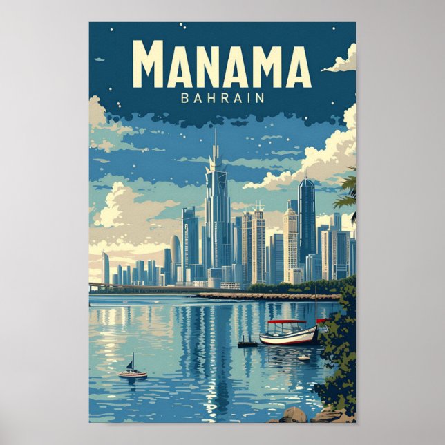 Manama Bahrain Vintage Art Travel Illustration Poster (Framsidan)