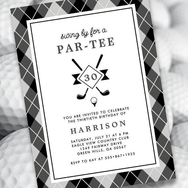 Manar 30års födelsedag Golf Modern Argyle Black Inbjudningar (Skapare uppladdad)