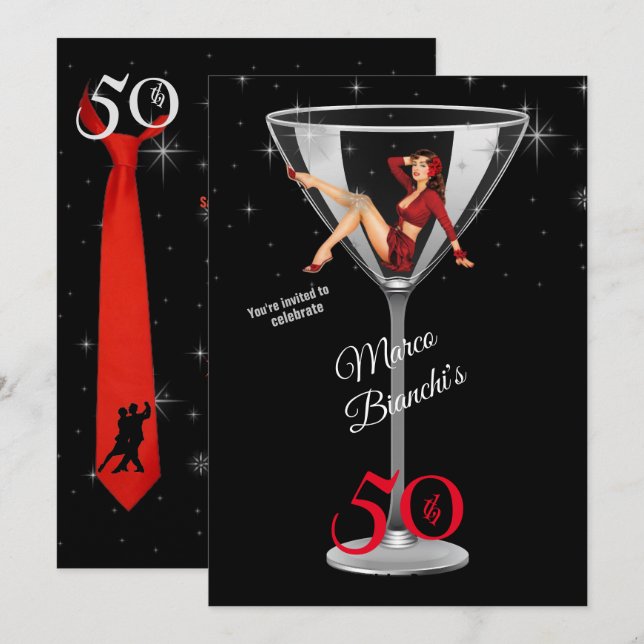 Manar 50:e Födelsedagsfesten Girl in Martini Glass Inbjudningar (Fram/baksida)
