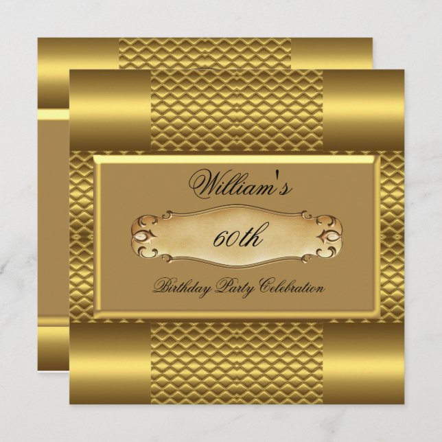 Manar 60:e Födelsedagsfesten Guld Metall Mans 2 Inbjudningar (Fram/baksida)