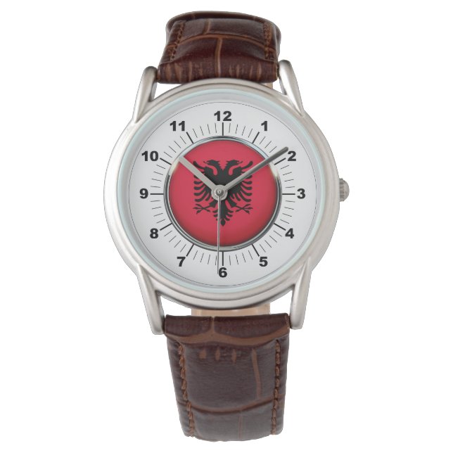 Manar Albanien Flagga Classic Brown Leather Watch Armbandsur (Framsida)