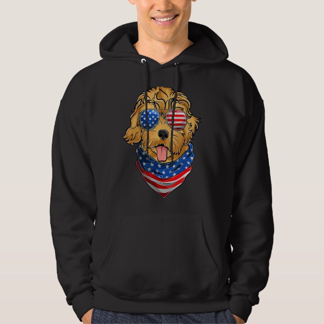 Manar American Flagga Golden Doodle Doggy Fjärde a Hoodie (Framsida)