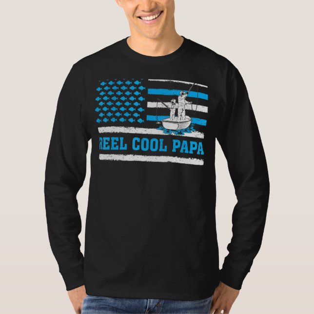 Manar American Flagga Reel Coola Fishing Pappa Far T Shirt (Framsida)