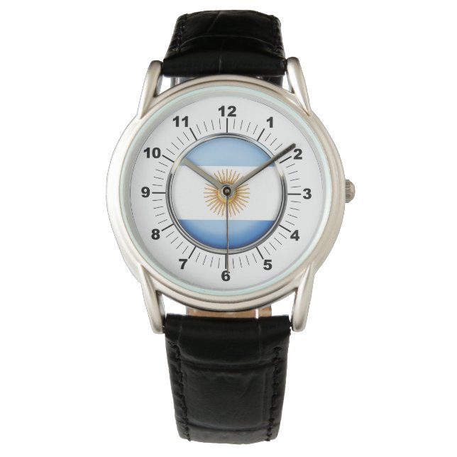 Manar Argentina Flagga Krona Black Leather Watch Armbandsur (Framsida)