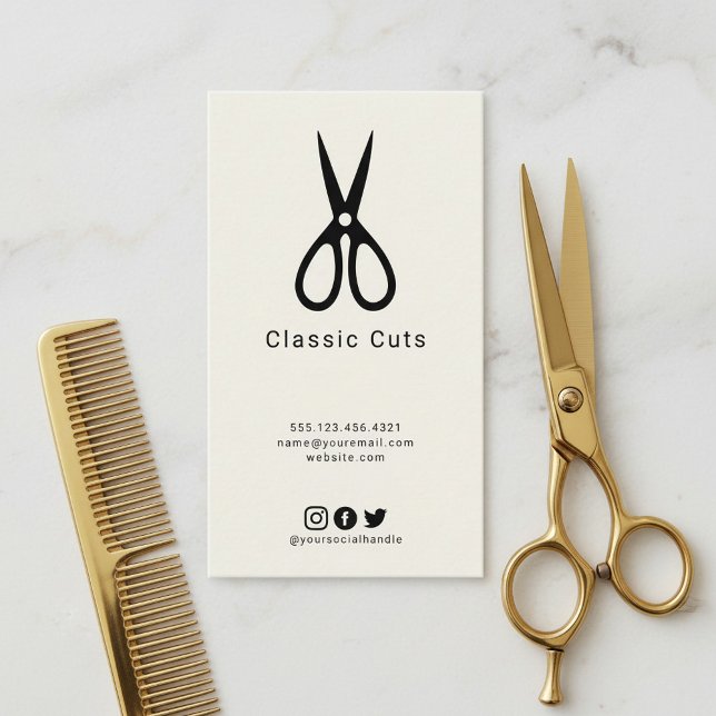 Manar barberhår klippt med liten sax logotyp visitkort (Mens barber hair cut with small scissors logo business card.)