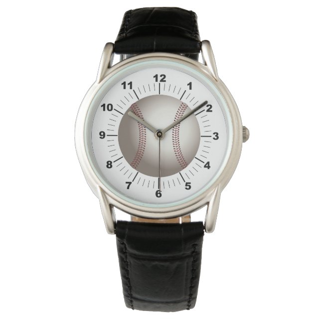 Manar Baseball Krona Black Leather Strap Watch Armbandsur (Framsida)