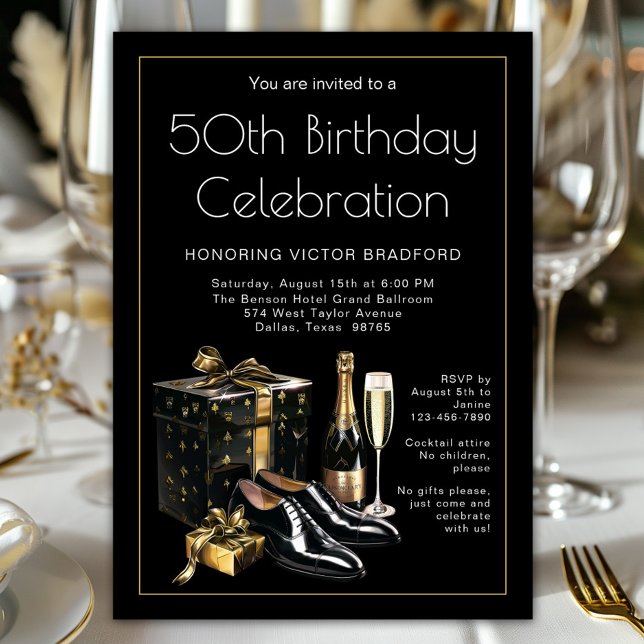 Manar Black Guld - födelsedag för uppskalning Inbjudningar (Celebrate in style! Classy sophisticated black and gold any number birthday and event invitation. )