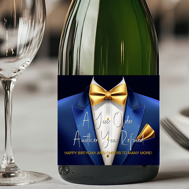 Manar Blue Guld Tuxedo Birthday Champagne-etikett (Tuxedo champagne labels. Personalize with your text, logo, image, etc., for your event.)