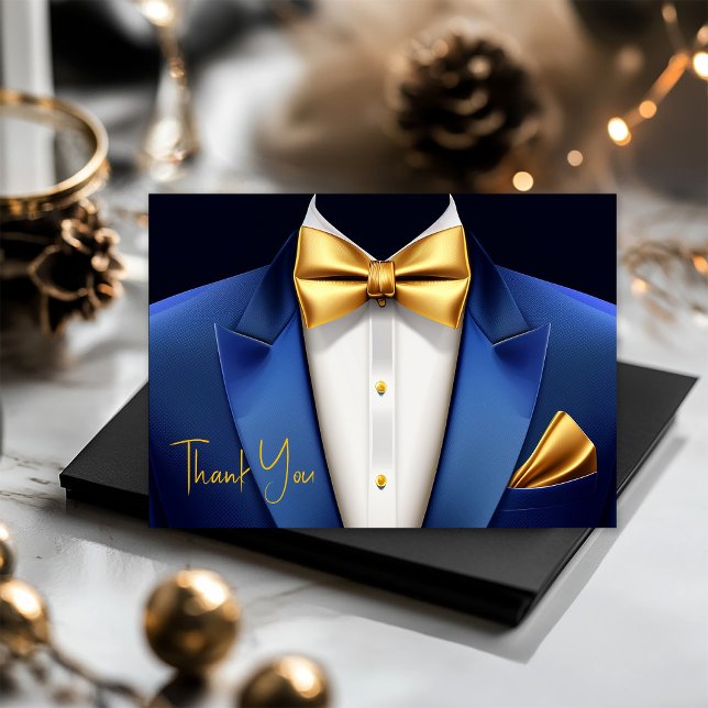 Manar Blue Guld Tuxedo Födelsedagsfest Tack Kort (Mens blue and gold tuxedo thank you cards. Add your text for printed message, or leave blank.)