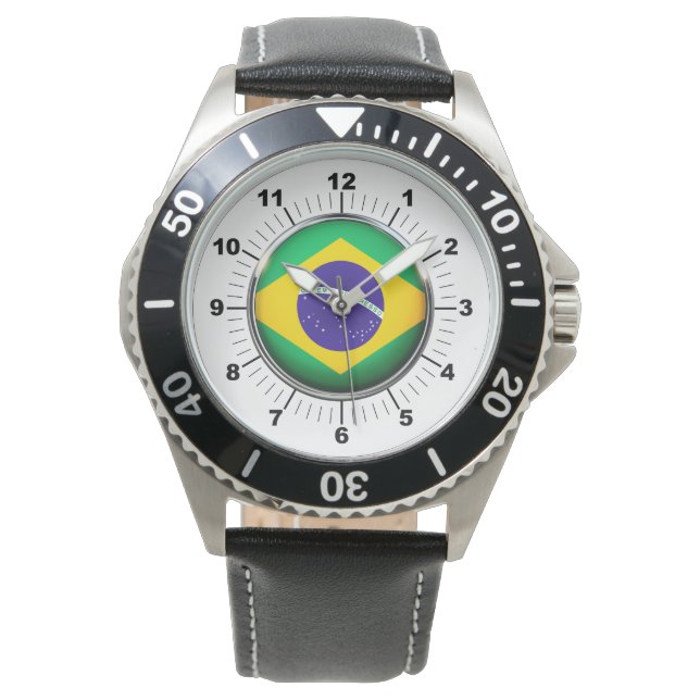 Manar Brasilien Flagga Black Leather Strap Watch Armbandsur (Framsida)