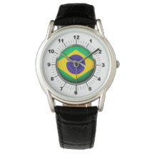 Manar Brasilien Flagga Krona Black Leather Strap W