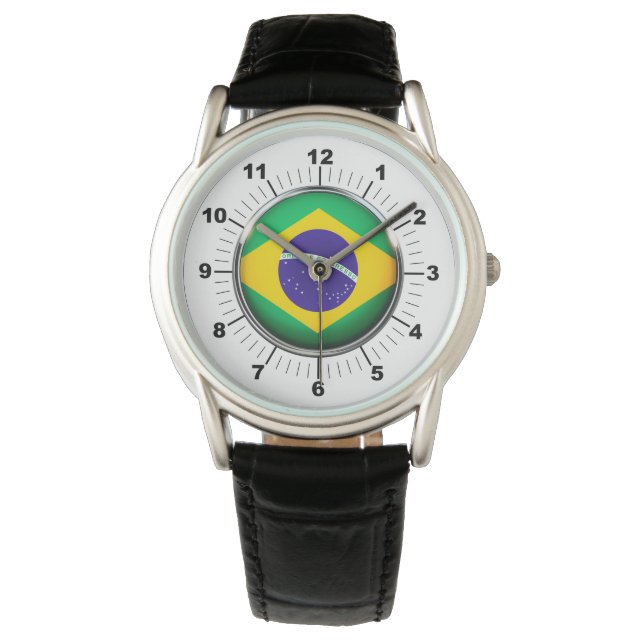 Manar Brasilien Flagga Krona Black Leather Strap W Armbandsur (Framsida)