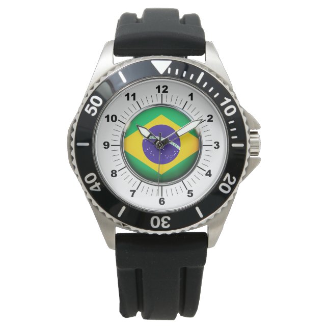 Manar Brasilien Flagga Krona Black Rubber Strap Wa Armbandsur (Framsida)