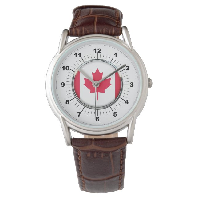 Manar Canada Flagga Classic Brown Leather Watch Armbandsur (Framsida)