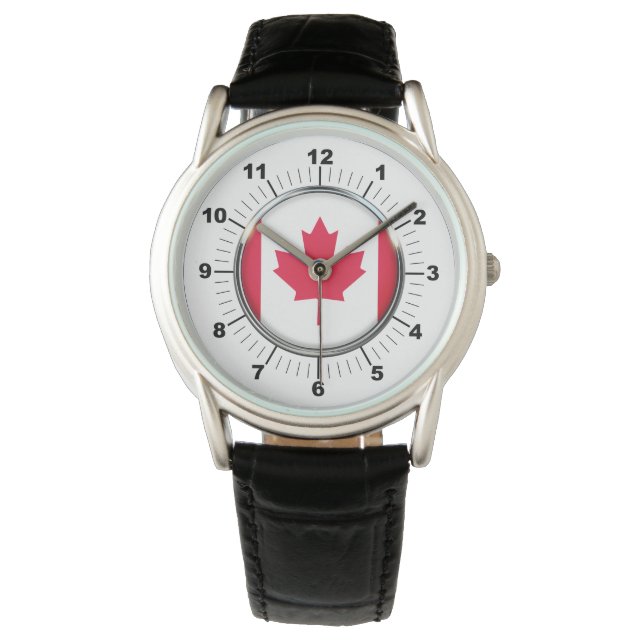 Manar Canada Flagga Krona Black Leather Strap Watc Armbandsur (Framsida)