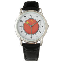 Manar China Flagga Black Leather Strap Watch