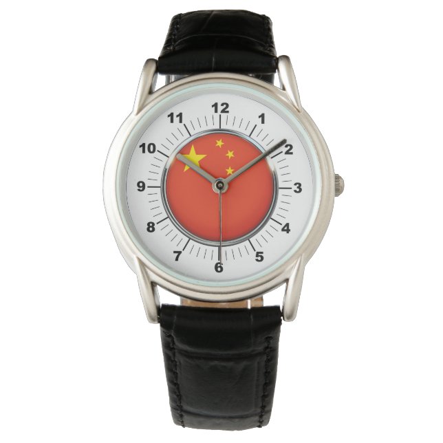 Manar China Flagga Black Leather Strap Watch Armbandsur (Framsida)