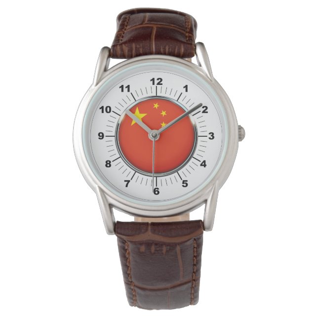 Manar China Flagga Classic Brown Leather Watch Armbandsur (Framsida)