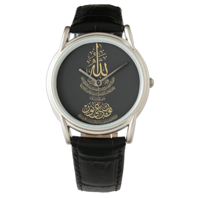 Manar Classic Black Leather Watch med Ayat an-Nur Armbandsur (Framsida)