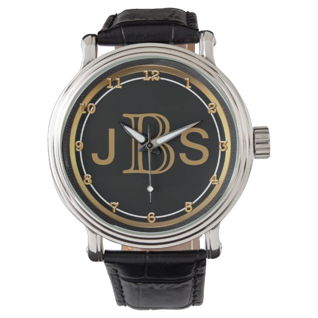 Manar Classy Black Guld | Masculine Monogram Armbandsur (Framsida)