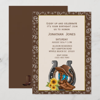 Manar Cowboy Boots Horseshoe Birthday Investigatio Inbjudningar