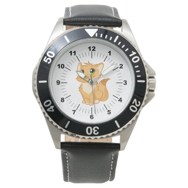 Manar Cute Cat Black Leather Strap Watch Armbandsur (Framsida)