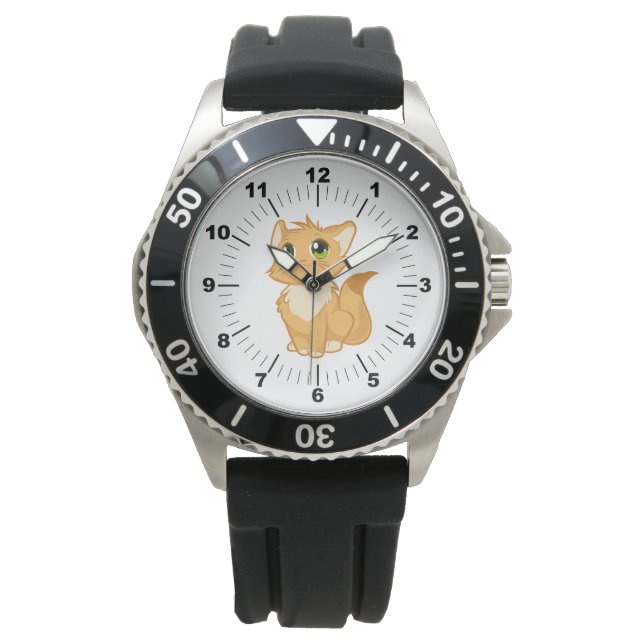 Manar Cute Cat Black Rubber Strap Watch Armbandsur (Framsida)