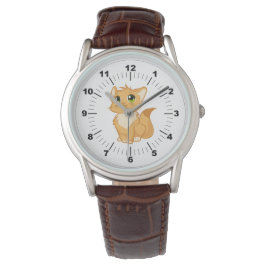 Manar Cute Cat Classic Brown Leather Strap Watch Armbandsur