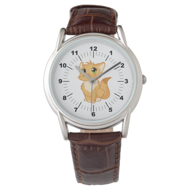Manar Cute Cat Classic Brown Leather Strap Watch Armbandsur (Framsida)
