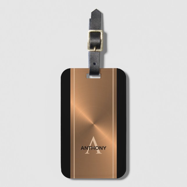 Manar Elegant Black Guld Bronze Monogram Namn Bagagebricka (Framsida vertikal)