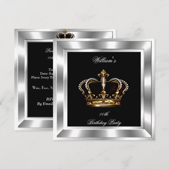 Manar Elegant Black Silver Birthday Prince Kung Inbjudningar (Fram/baksida)